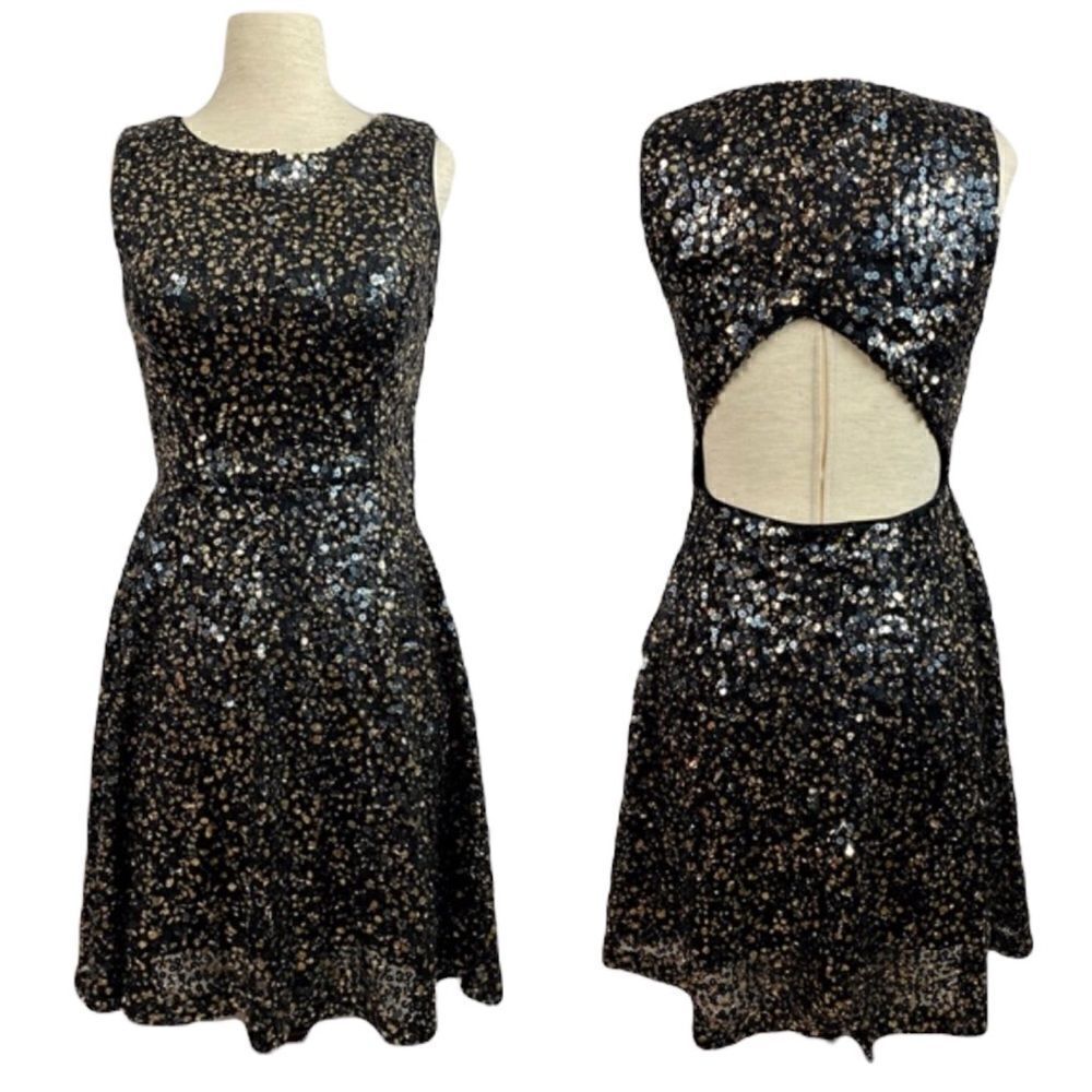 Hailey Logan/Adriana Papell Gold/Black Sequin Fit & Flare Open Back Mini Dress